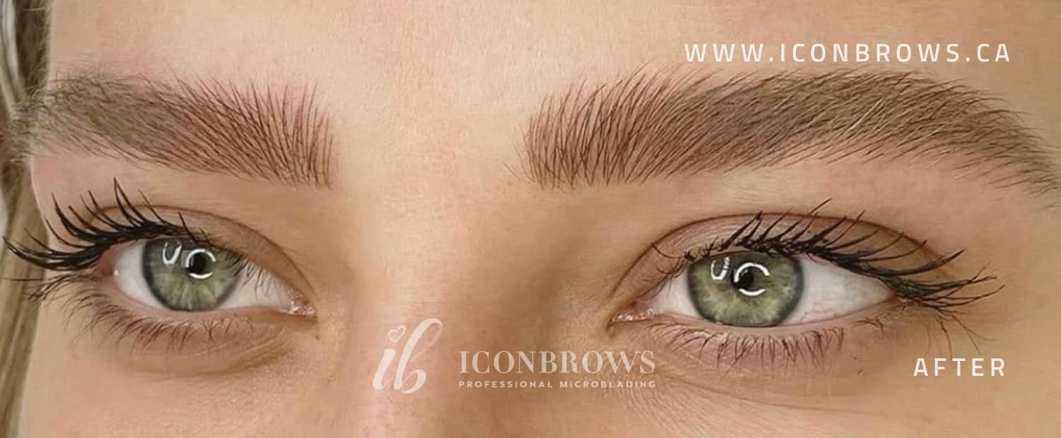 Beautiful result on blonde womans eyebrows after microblading with Iconbrows in Toronto.