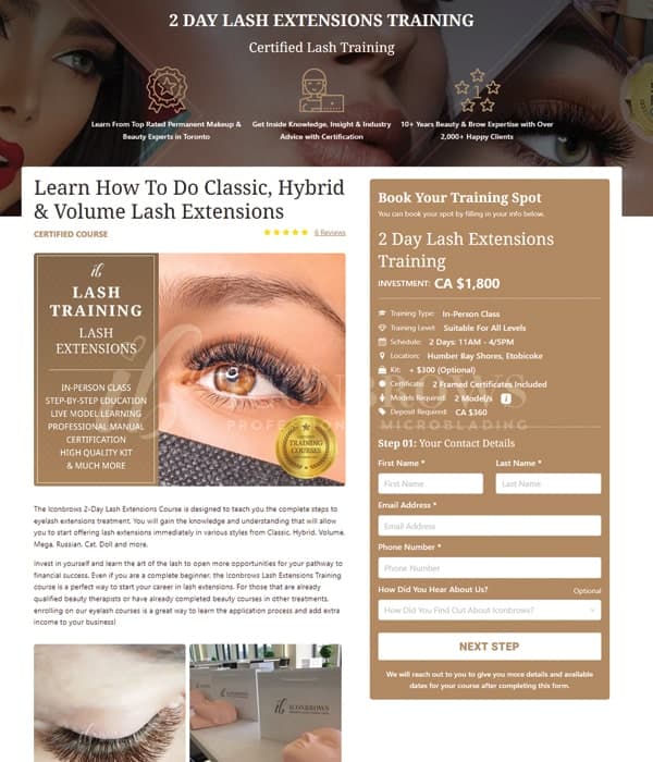 Booking page for eyebrow and eyelash training courses in toronto by Iconbrows.