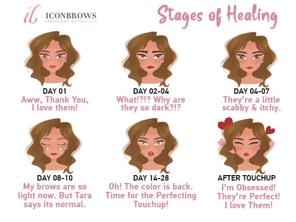 Stages of healing when recovering from a first microblading or microshading treatment